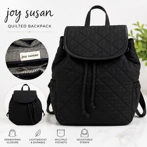 Joy Susan Black Quilted Backpack Purse Drawstring Flap Lightweight Everyday Bag